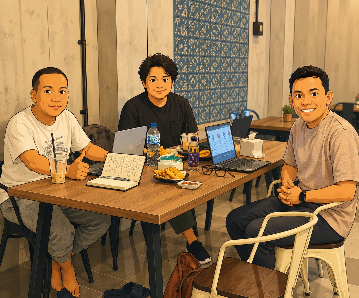Wahyu Mohamad Qomaruddin, Aditya Wikardiyan, dan M Zahid Yusron bekerja bersama di satu meja